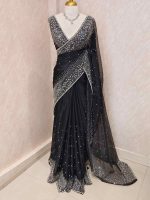 Organza with cut beads line design border with small flower buttas - Image 6