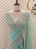 Organza with cut beads line design border with small flower buttas - Image 16