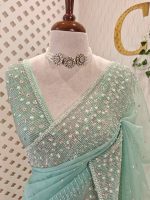 Organza with cut beads line design border with small flower buttas - Image 18