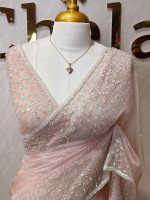 Organza with cut beads line design border with small flower buttas - Image 8