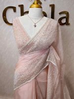 Organza with cut beads line design border with small flower buttas - Image 7