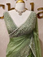 Organza with cut beads line design border with small flower buttas - Image 11