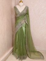Organza with cut beads line design border with small flower buttas - Image 12