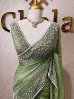 Organza with cut beads line design border with small flower buttas - Image 10