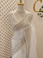 Organza with cut beads line design border with small flower buttas - Image 19