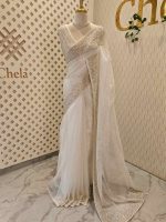 Organza with cut beads line design border with small flower buttas - Image 21
