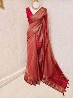 Soft silk with plain body and  leaf motif inside triangle shape motifs on the boarder - Image 6
