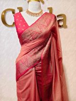 Soft silk with plain body and  leaf motif inside triangle shape motifs on the boarder - Image 4