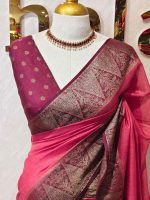 Soft silk with plain body and  leaf motif inside triangle shape motifs on the boarder - Image 18
