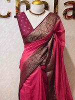 Soft silk with plain body and  leaf motif inside triangle shape motifs on the boarder - Image 17