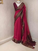 Soft silk with plain body and  leaf motif inside triangle shape motifs on the boarder - Image 16