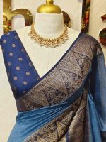 Soft silk with plain body and  leaf motif inside triangle shape motifs on the boarder - Image 15