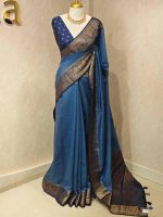 Soft silk with plain body and  leaf motif inside triangle shape motifs on the boarder - Image 14