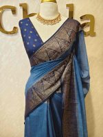 Soft silk with plain body and  leaf motif inside triangle shape motifs on the boarder - Image 13