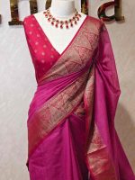 Soft silk with plain body and  leaf motif inside triangle shape motifs on the boarder - Image 12