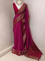 Soft silk with plain body and  leaf motif inside triangle shape motifs on the boarder - Image 11