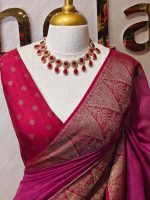 Soft silk with plain body and  leaf motif inside triangle shape motifs on the boarder - Image 10