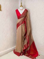 Soft silk with plain body and  horizontal contrast leaf like motifs on the boarder - Image 27