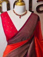Soft silk with plain body and  horizontal contrast leaf like motifs on the boarder - Image 23