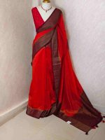 Soft silk with plain body and  horizontal contrast leaf like motifs on the boarder - Image 24
