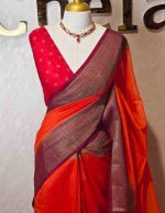 Soft silk with plain body and  horizontal contrast leaf like motifs on the boarder - Image 22
