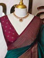 Soft silk with plain body and  horizontal contrast leaf like motifs on the boarder - Image 20