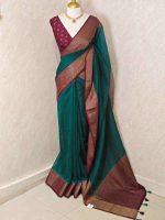 Soft silk with plain body and  horizontal contrast leaf like motifs on the boarder - Image 21