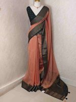 Soft silk with plain body and  horizontal contrast leaf like motifs on the boarder - Image 3