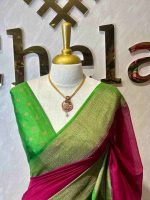 Soft silk with plain body and  horizontal contrast leaf like motifs on the boarder - Image 17
