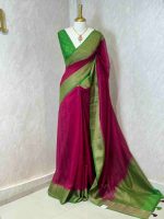 Soft silk with plain body and  horizontal contrast leaf like motifs on the boarder - Image 18