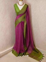 Soft silk with plain body and  horizontal contrast leaf like motifs on the boarder - Image 15