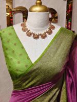 Soft silk with plain body and  horizontal contrast leaf like motifs on the boarder - Image 14