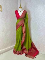Soft silk with plain body and  horizontal contrast leaf like motifs on the boarder - Image 12