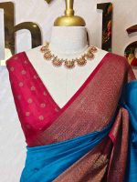 Soft silk with plain body and  horizontal contrast leaf like motifs on the boarder - Image 8