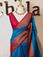 Soft silk with plain body and  horizontal contrast leaf like motifs on the boarder - Image 7