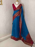 Soft silk with plain body and  horizontal contrast leaf like motifs on the boarder - Image 9