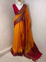 Soft silk with plain body and  horizontal contrast leaf like motifs on the boarder - Image 6