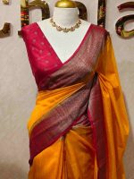 Soft silk with plain body and  horizontal contrast leaf like motifs on the boarder - Image 4