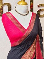 Soft silk with plain body and contrast paisley  motifs on the boarder - Image 10