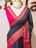 Soft silk with plain body and contrast paisley  motifs on the boarder - Image 9