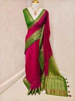 Soft silk with plain body and contrast paisley  motifs on the boarder - Image 5