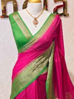 Soft silk with plain body and contrast paisley  motifs on the boarder - Image 6