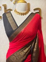 Soft silk with plain body and contrast paisley  motifs on the boarder - Image 15