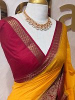 Soft silk with plain body and contrast paisley  motifs on the boarder - Image 19