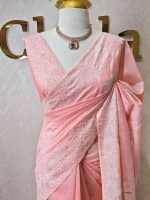 Semi tussar with large floral motifs embroidered in  thread across the body and along a defined border - Image 10