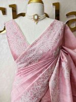 Semi tussar with large floral motifs embroidered in  thread across the body and along a defined border - Image 8