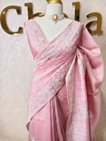 Semi tussar with large floral motifs embroidered in  thread across the body and along a defined border - Image 7