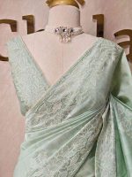 Semi tussar with large floral motifs embroidered in  thread across the body and along a defined border - Image 5