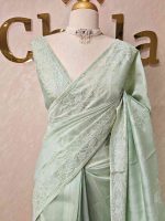 Semi tussar with large floral motifs embroidered in  thread across the body and along a defined border - Image 4
