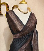 Tussar banarasi with tree like buttas and floral pattern on border - Image 17